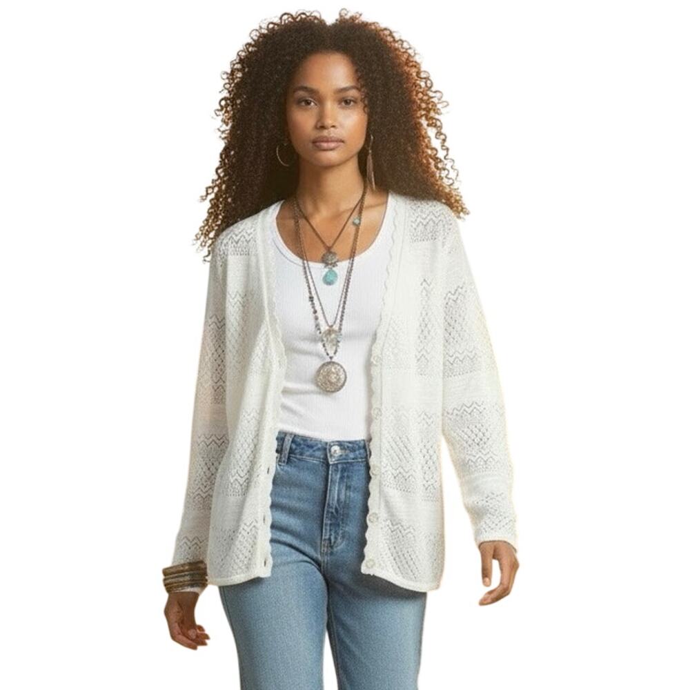 Frye Women's Pointelle Knit XXL Button-Front Scallop Trim Cardigan Ivory Boho